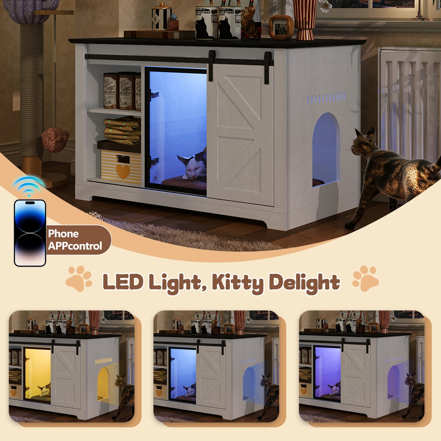 46" Farmhouse Cat Litter Box Enclosure with Sliding Barn Door, White Large Hidden Acrylic Door Cat Cabienet with LED Light, Cat Washroom Furniture with Storage Cabinet, Cat House Nightstand