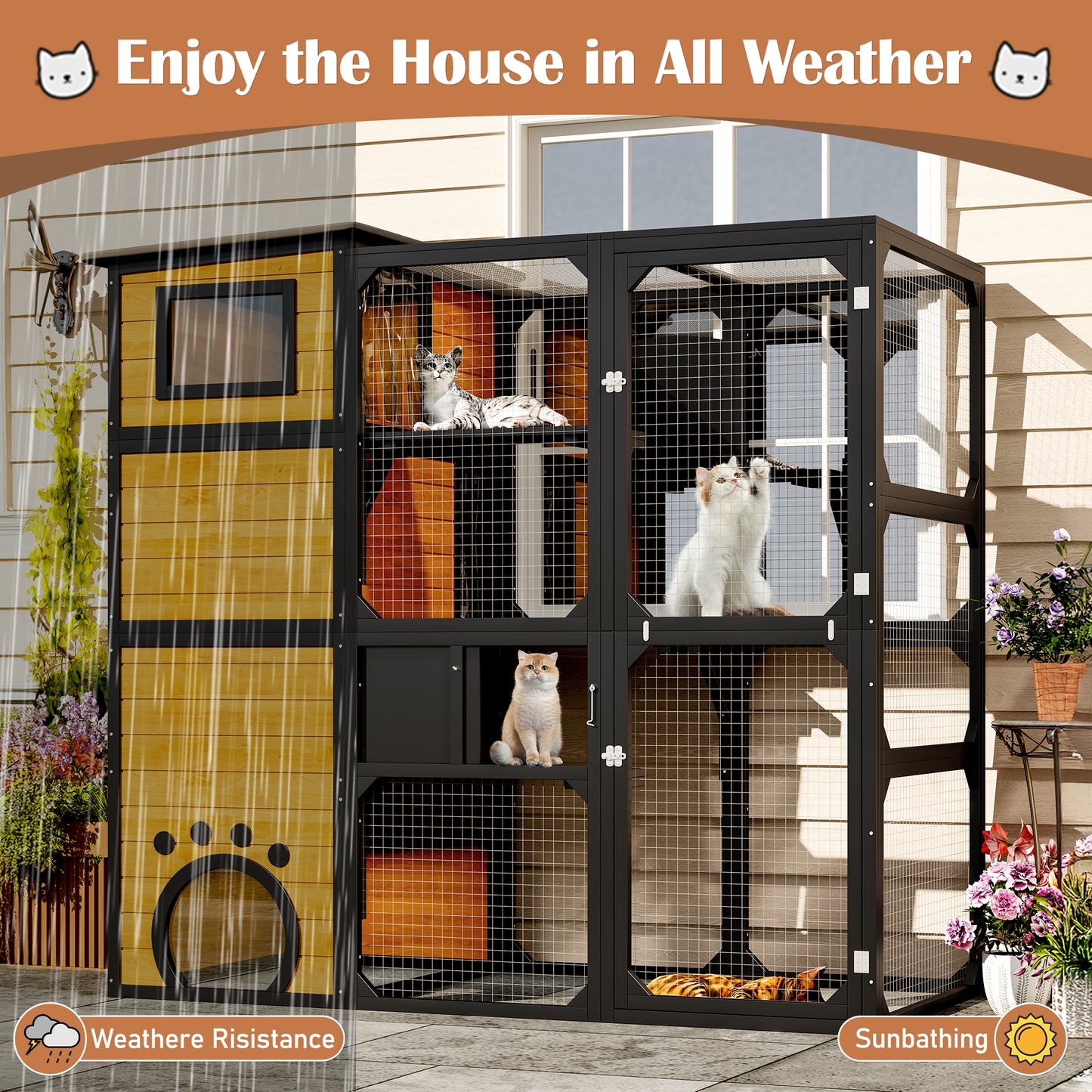 Large Cat Catio 4 Tiers Cat Enclosure for Outdoor, Cat House Weatherproof Attached to Window for Multiple Cats with Platforms and Resting Rooms