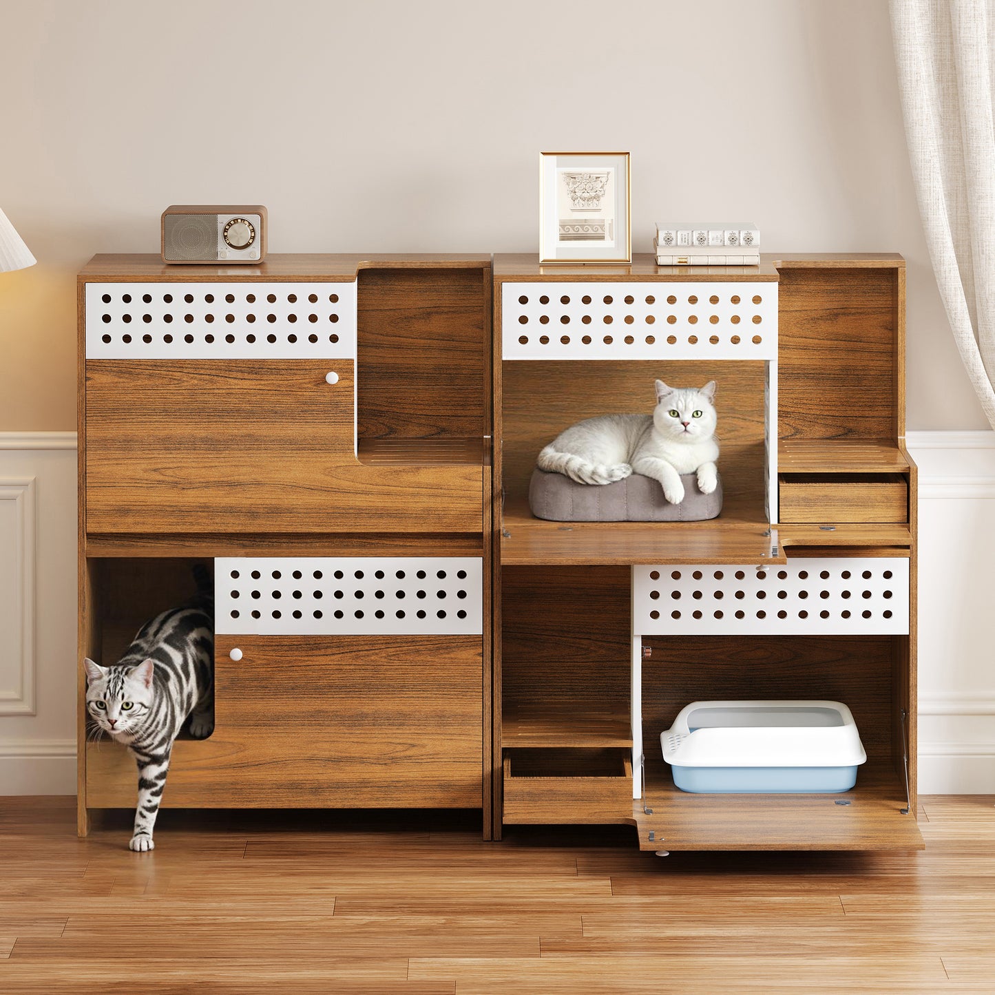 Modern 2 IN 1 Cat Furniture, Cat Litter Box Enclosure Side Table, Cat House with Storage, for 2 Small-Medium Sized Cats