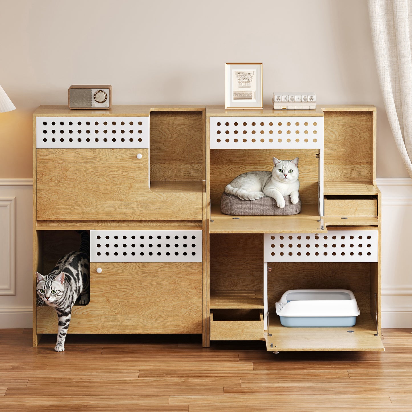 Modern 2 IN 1 Cat Furniture, Cat Litter Box Enclosure Side Table, Cat House with Storage, for 2 Small-Medium Sized Cats