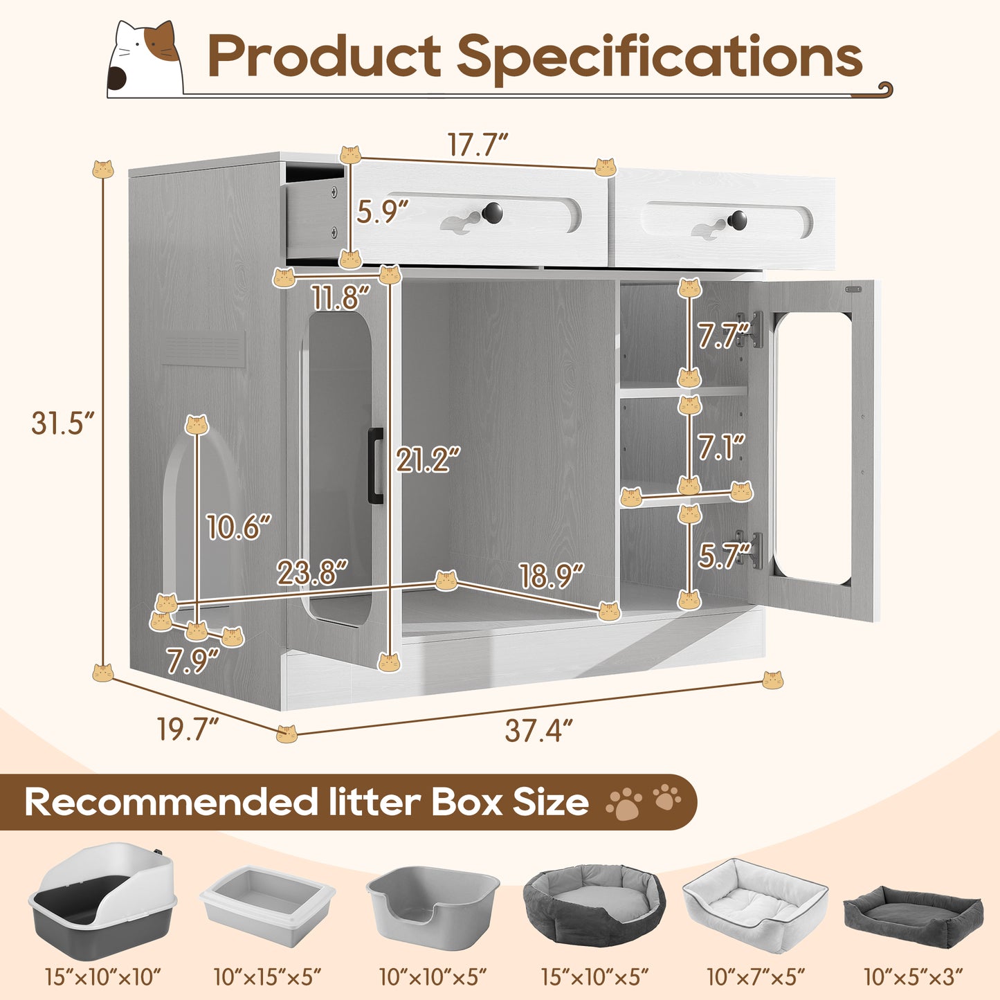 Cat Litter Box Enclosure, Large Hidden Kitty Cabinet with Glass Door, Side Access Door & Wood Grain Finish, Built-in Light and Storage Drawers, Indoor Cat House Side Table for Living Room