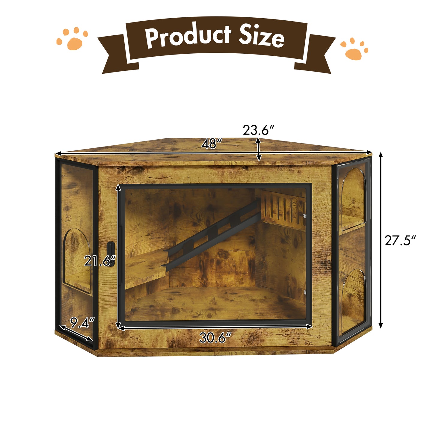 48" Corner Cat Litter Box Enclosure, Modern Hidden Litter Box Corner Cabinet with Acrylic Door and LED Light, Cat House with Playground and Stairs