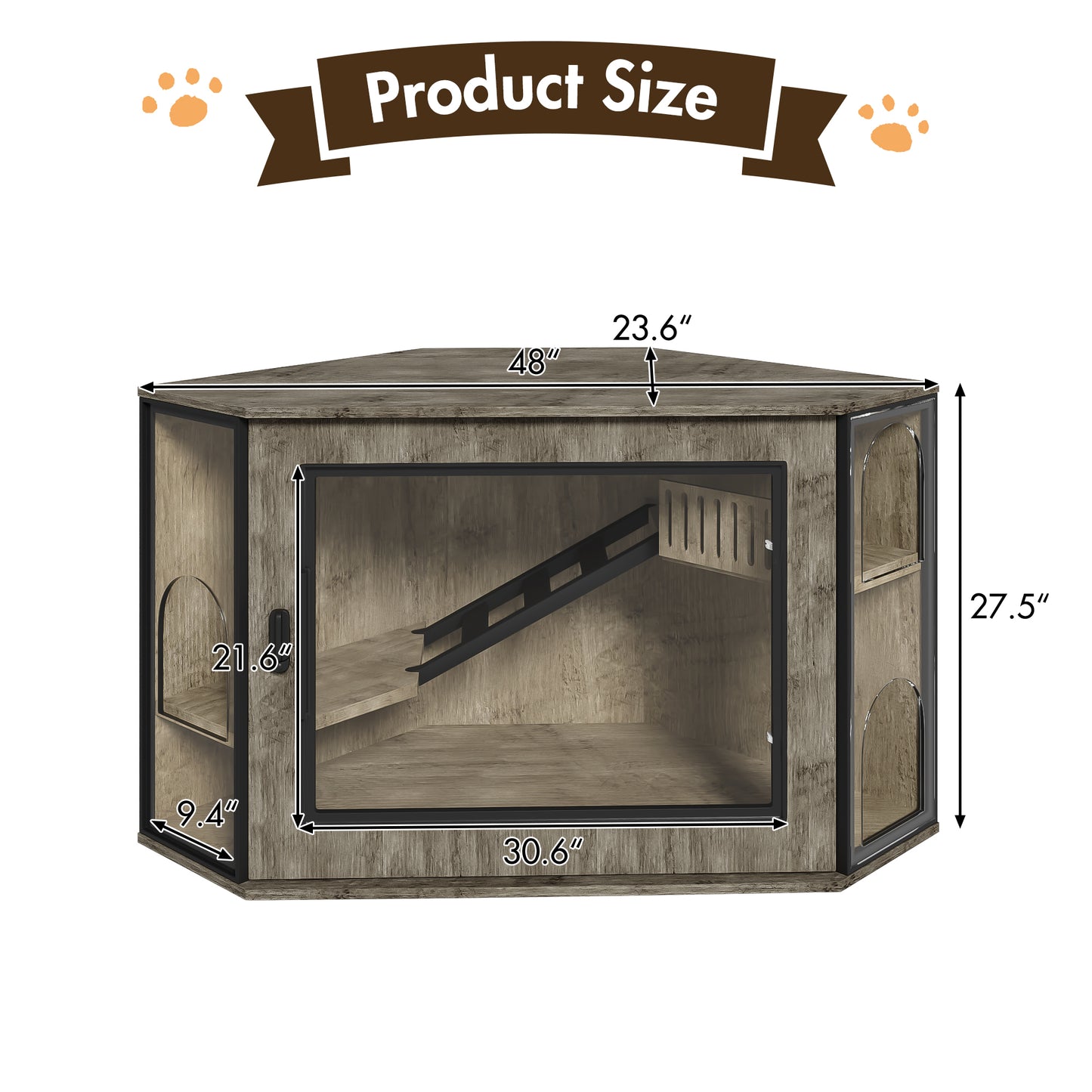 48" Corner Cat Litter Box Enclosure, Modern Hidden Litter Box Corner Cabinet with Acrylic Door and LED Light, Cat House with Playground and Stairs