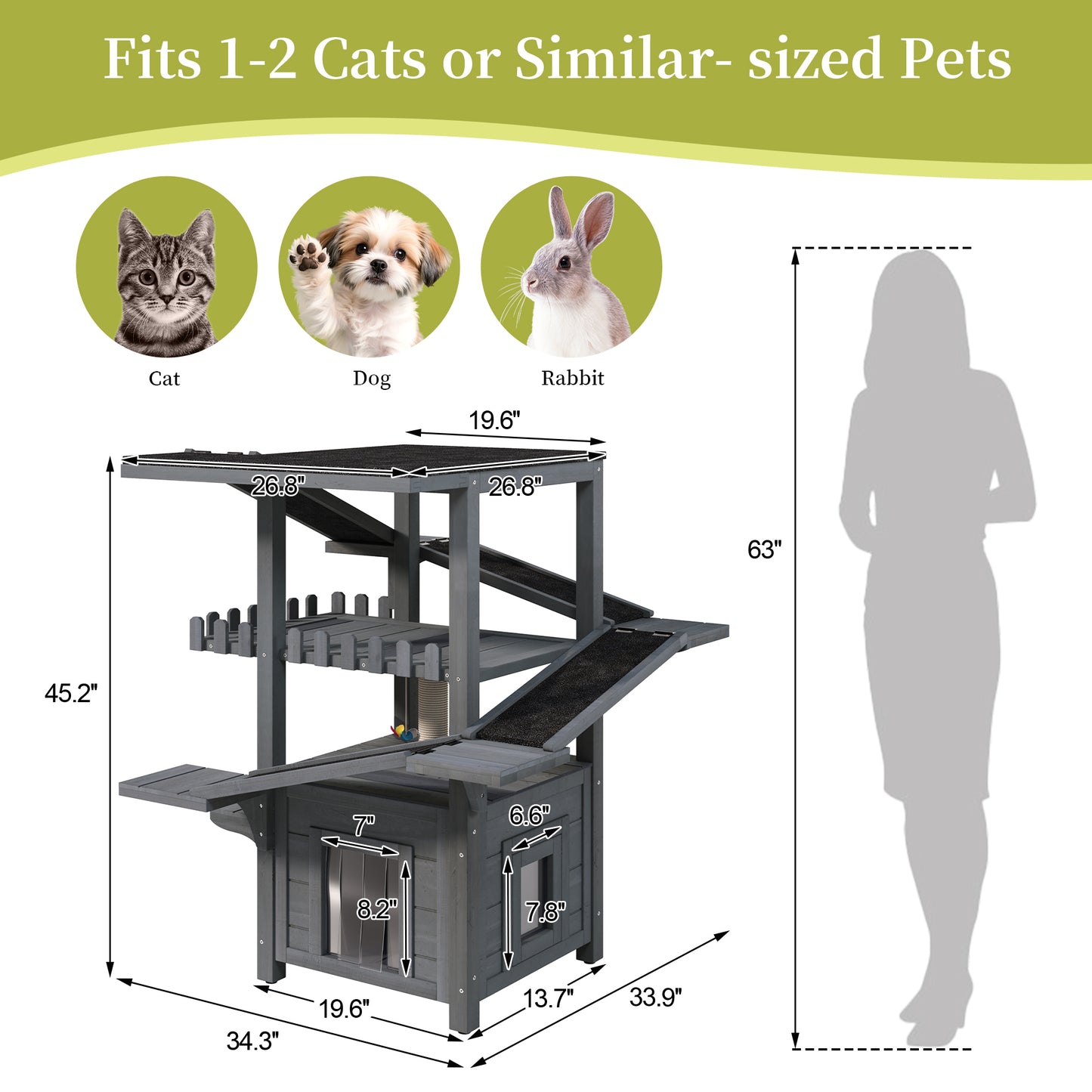 4 Tiers Outdoor Cat House Weatherproof Cat Tree Tower with Waterproof Roof and 2 Doors , Feral Cat Shelter Outside Enclosure, Multi-Level Play Zones with Balcony, for Small Animals