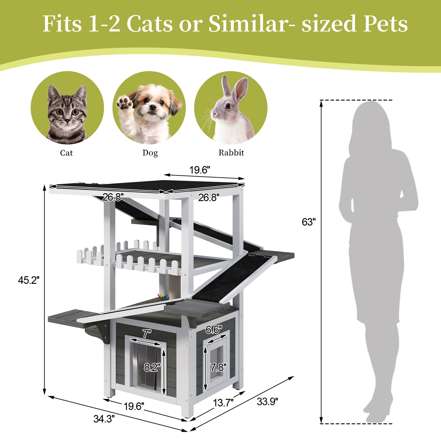 4 Tiers Outdoor Cat House Weatherproof Cat Tree Tower with Waterproof Roof and 2 Doors , Feral Cat Shelter Outside Enclosure, Multi-Level Play Zones with Balcony, for Small Animals
