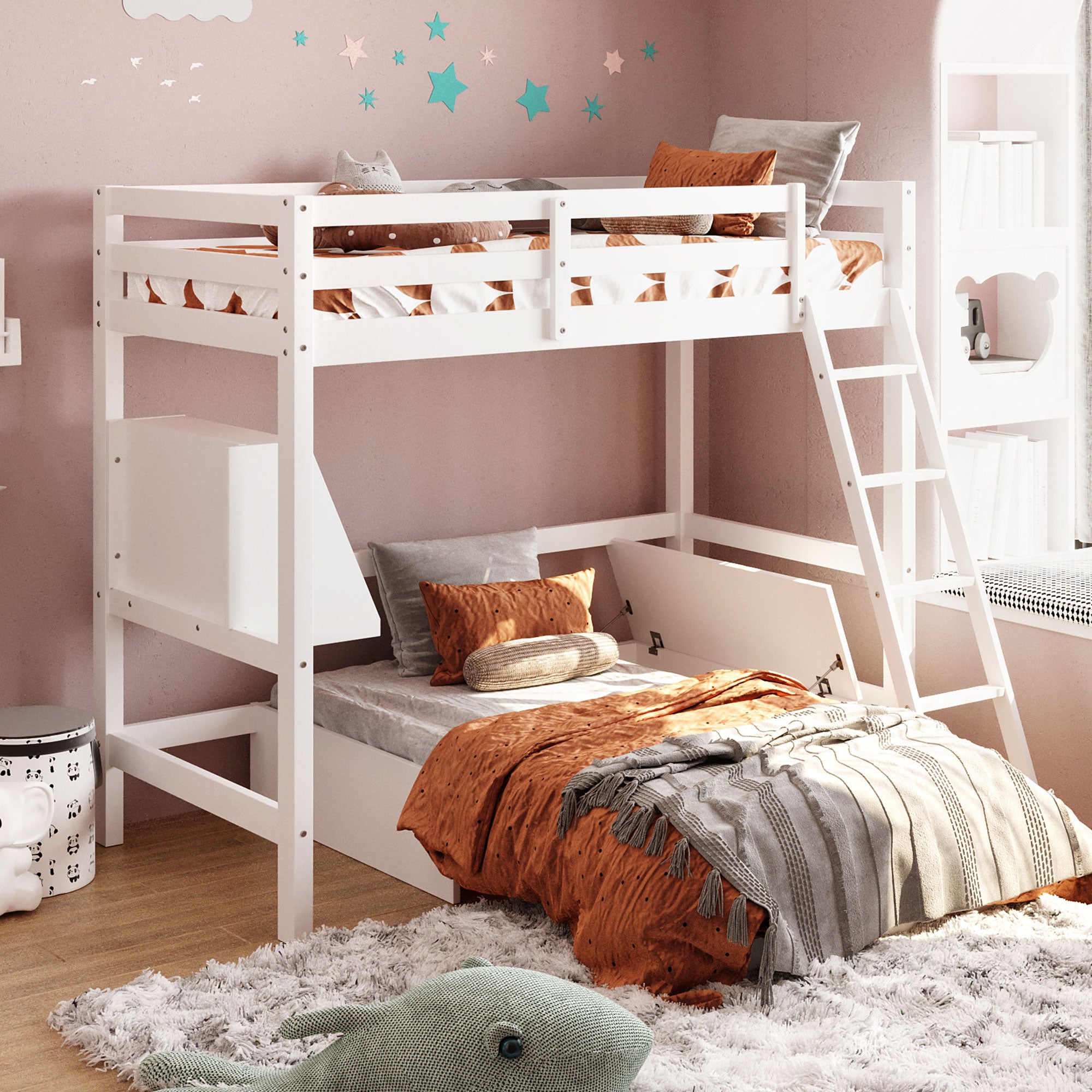 Cfowner Wood Twin Loft Bed with Drawer and Ladder for Kids
