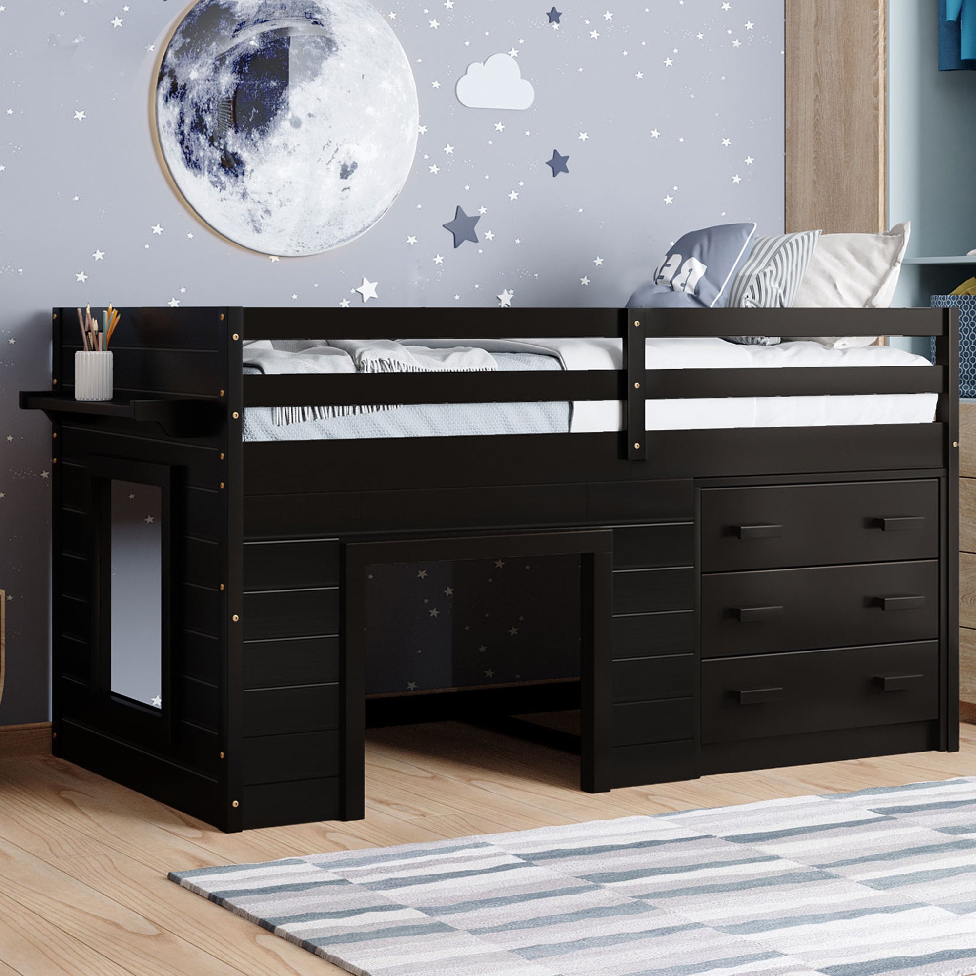Cfowner Twin Size Solid Wood Low Loft Bed with 3-Drawer Cabinet, Built