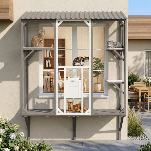 Outdoor Cat Catio Cat Climbing Catio Window Cat House Cat Patio Enclosure with Platforms for 1-3 Cats