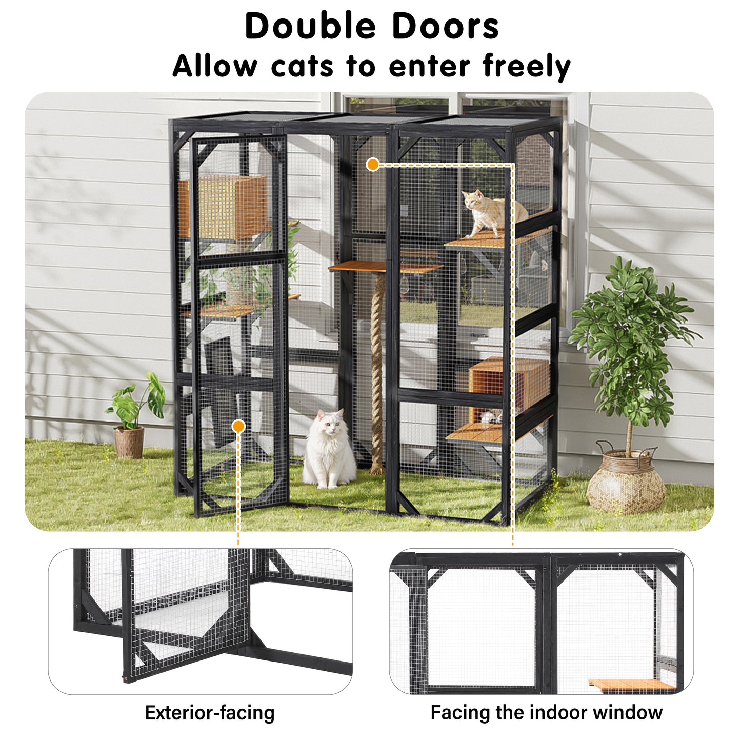 Outdoor Cat House, DIY Cat Enclosure, Cat Catio with Double Enter Doors, 62.8"L x 32.2"W x68.5"H Balcony Cat Playpen with Platforms and Two Condos for 1-3 Cats