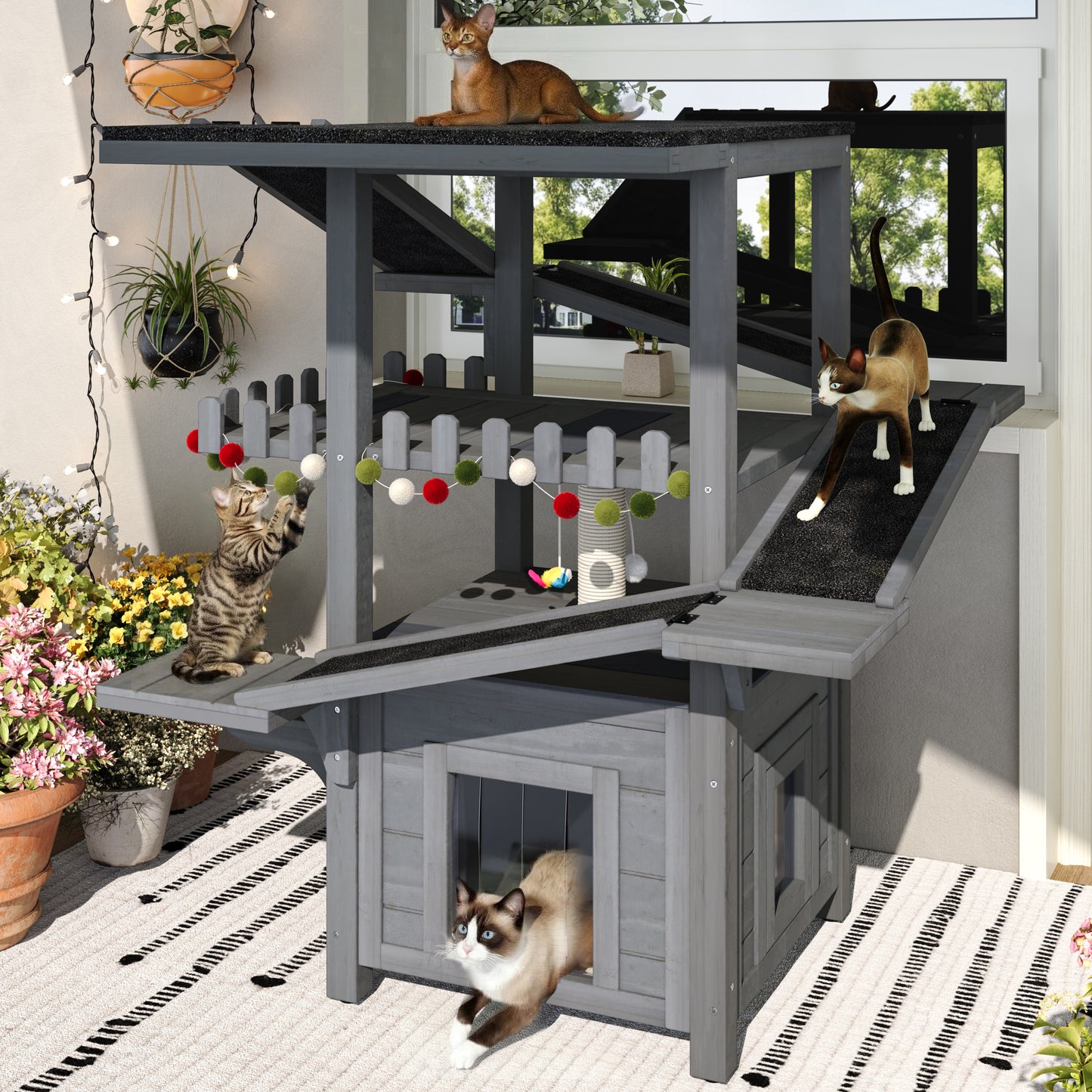 4 Tiers Outdoor Cat House Weatherproof Cat Tree Tower with Waterproof Roof and 2 Doors , Feral Cat Shelter Outside Enclosure, Multi-Level Play Zones with Balcony, for Small Animals