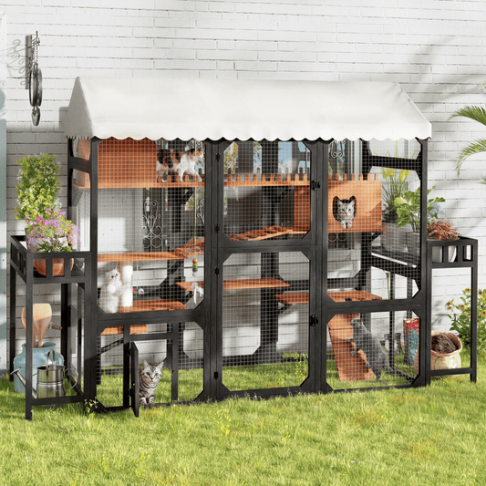 Large Outdoor Cat Enclosure Wooden Catio with 2 Plant Stands, Multi-Level Cat Playpen with Weather-Resistant Roof, Resting Box, Climbing Ramps & Wire Mesh for Backyard Patio