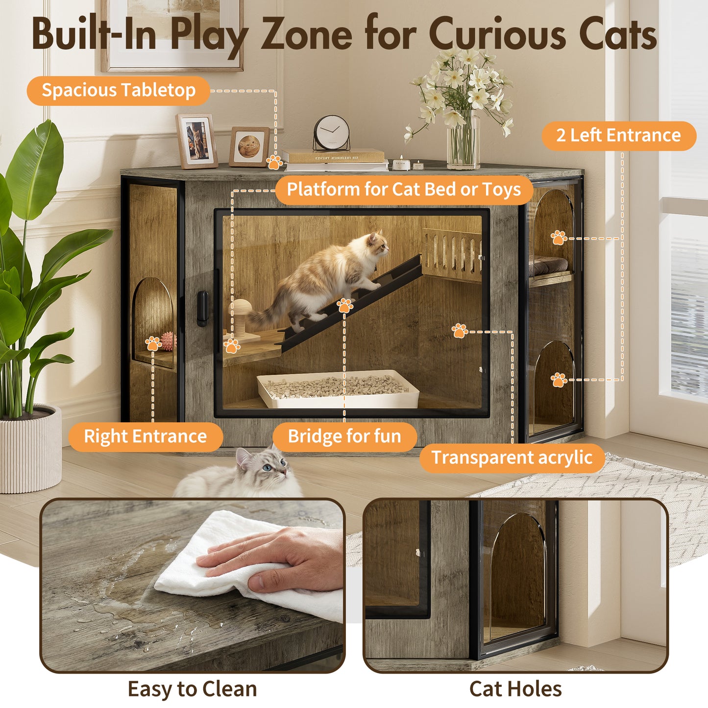 48" Corner Cat Litter Box Enclosure, Modern Hidden Litter Box Corner Cabinet with Acrylic Door and LED Light, Cat House with Playground and Stairs
