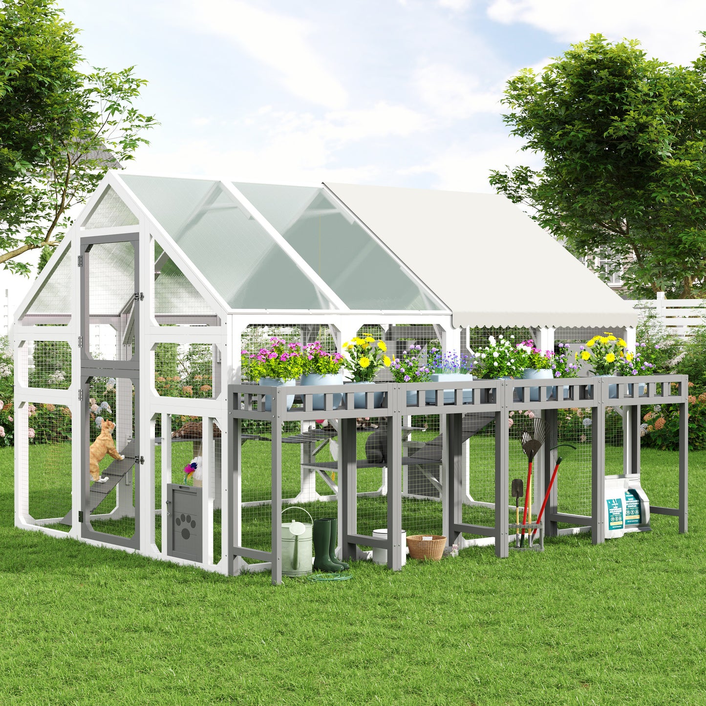 Large Outdoor Cat House with Planter Stand, Wooden Cat Enclosure with Resting Boxes for Multiple Kittens, Hanging Bridge, Platforms,Walk-In Catio Cage with Waterproof Proof Cover