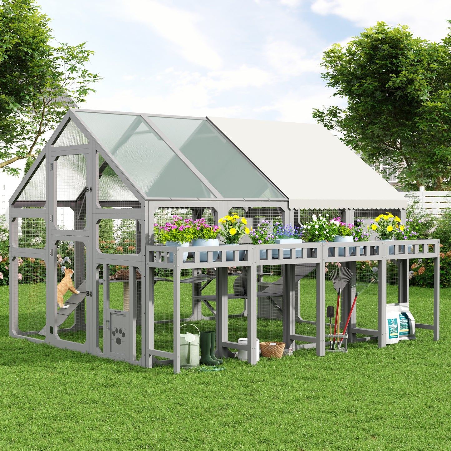 Large Outdoor Cat House with Planter Stand, Wooden Cat Enclosure with Resting Boxes for Multiple Kittens, Hanging Bridge, Platforms,Walk-In Catio Cage with Waterproof Proof Cover