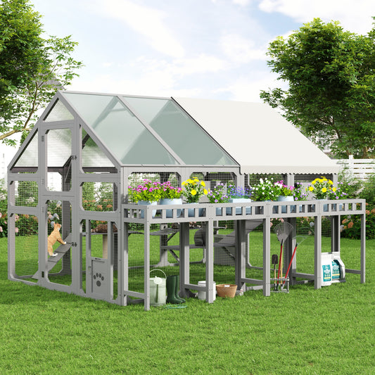 Large Outdoor Cat House with Planter Stand, Wooden Cat Enclosure with Resting Boxes for Multiple Kittens, Hanging Bridge, Platforms,Walk-In Catio Cage with Waterproof Proof Cover