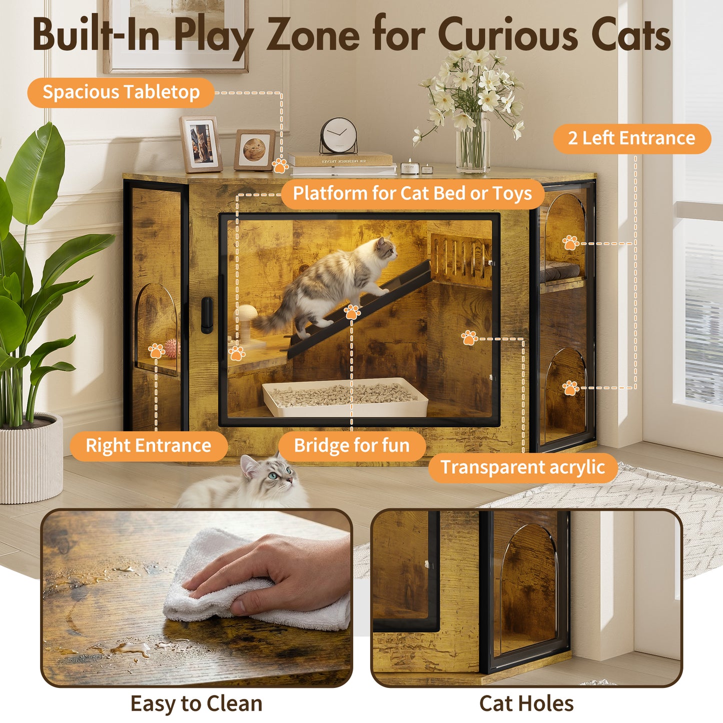 48" Corner Cat Litter Box Enclosure, Modern Hidden Litter Box Corner Cabinet with Acrylic Door and LED Light, Cat House with Playground and Stairs