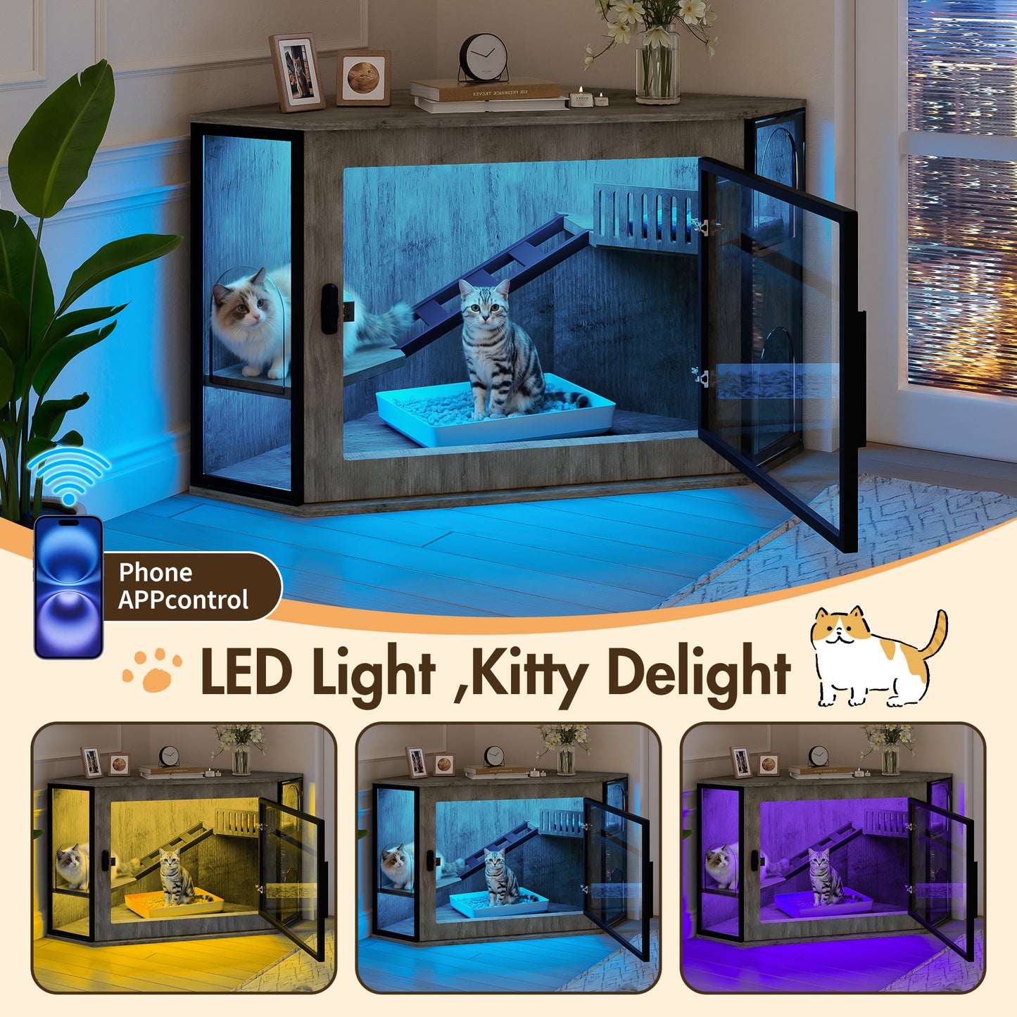 48" Corner Cat Litter Box Enclosure, Modern Hidden Litter Box Corner Cabinet with Acrylic Door and LED Light, Cat House with Playground and Stairs