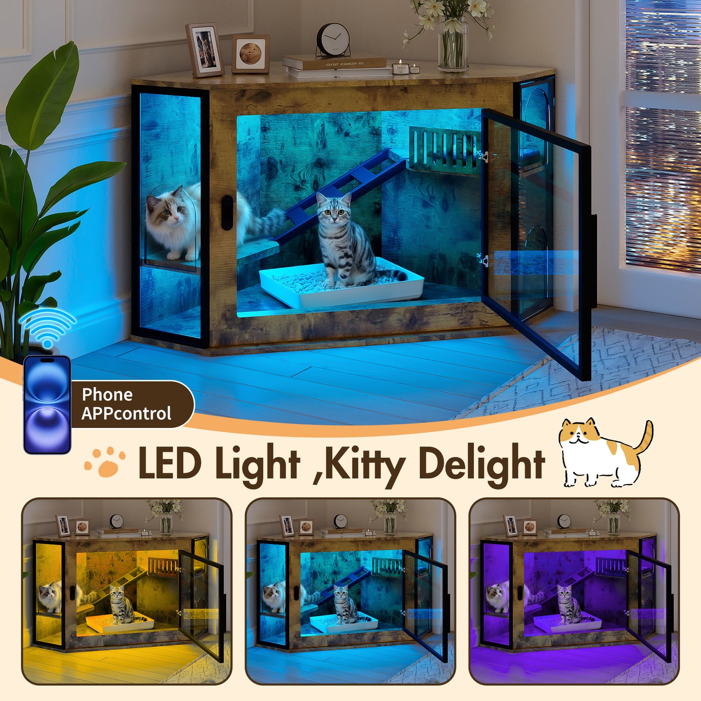 48" Corner Cat Litter Box Enclosure, Modern Hidden Litter Box Corner Cabinet with Acrylic Door and LED Light, Cat House with Playground and Stairs