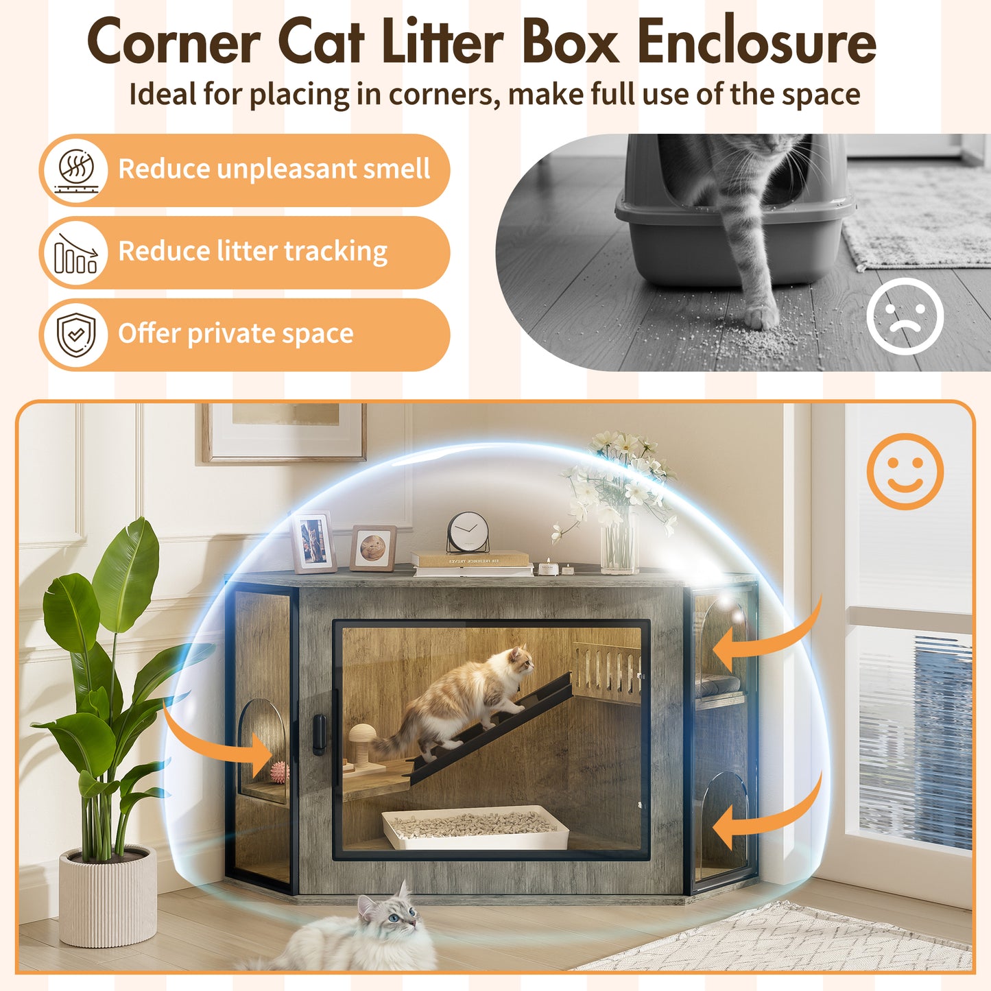 48" Corner Cat Litter Box Enclosure, Modern Hidden Litter Box Corner Cabinet with Acrylic Door and LED Light, Cat House with Playground and Stairs