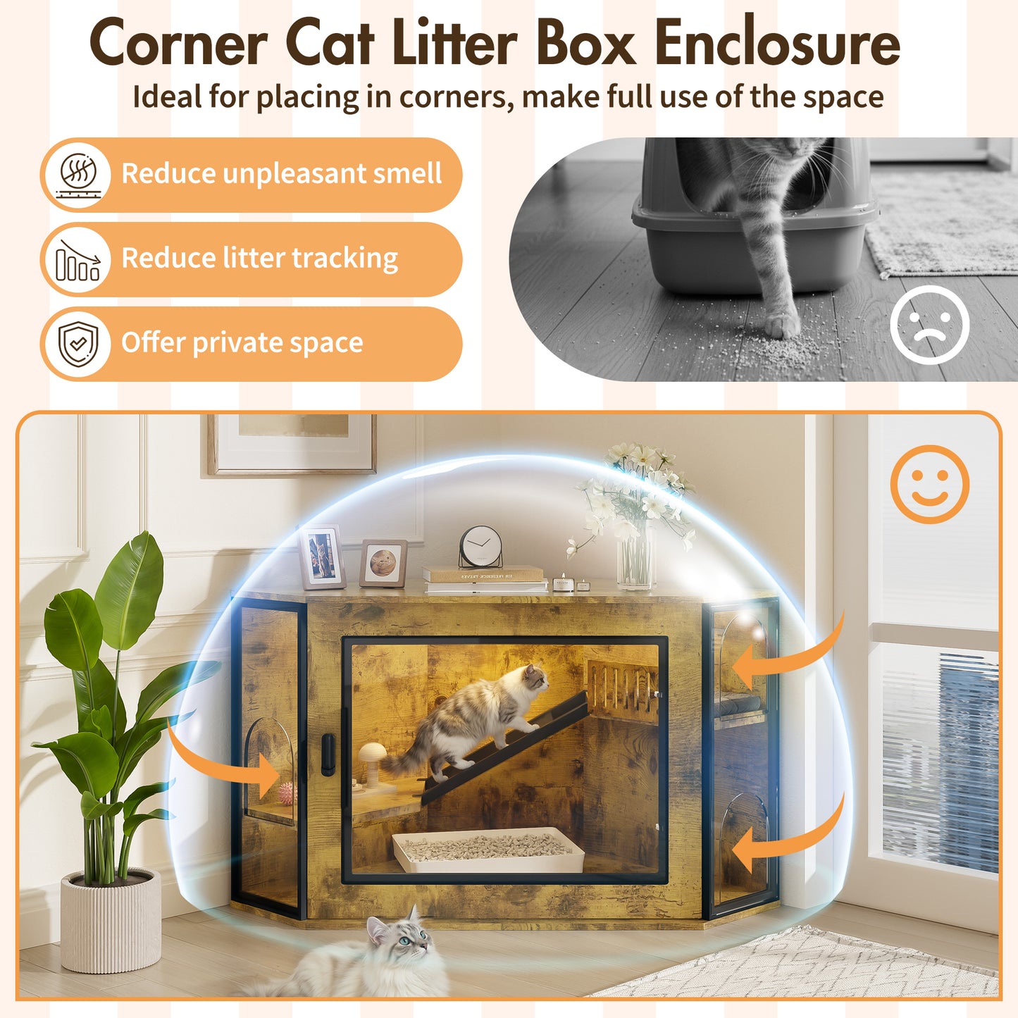 48" Corner Cat Litter Box Enclosure, Modern Hidden Litter Box Corner Cabinet with Acrylic Door and LED Light, Cat House with Playground and Stairs