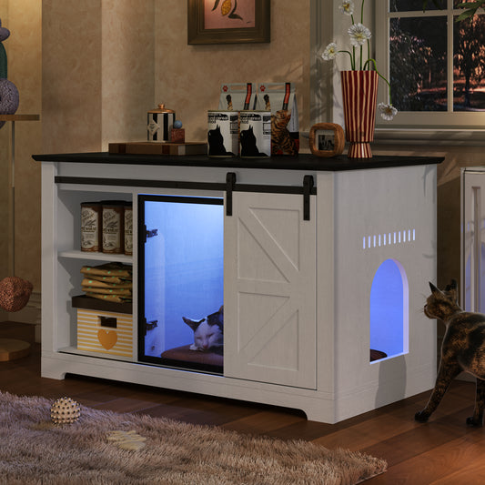 46" Farmhouse Cat Litter Box Enclosure with Sliding Barn Door, White Large Hidden Acrylic Door Cat Cabienet with LED Light, Cat Washroom Furniture with Storage Cabinet, Cat House Nightstand