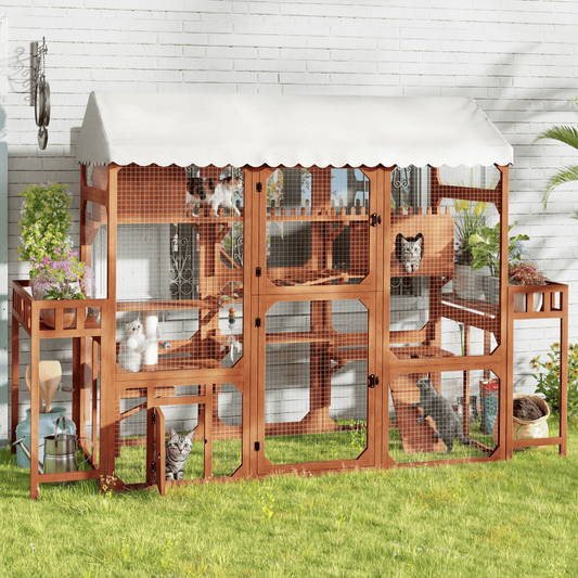 Large Outdoor Cat Enclosure Wooden Catio with 2 Plant Stands, Multi-Level Cat Playpen with Weather-Resistant Roof, Resting Box, Climbing Ramps & Wire Mesh for Backyard Patio