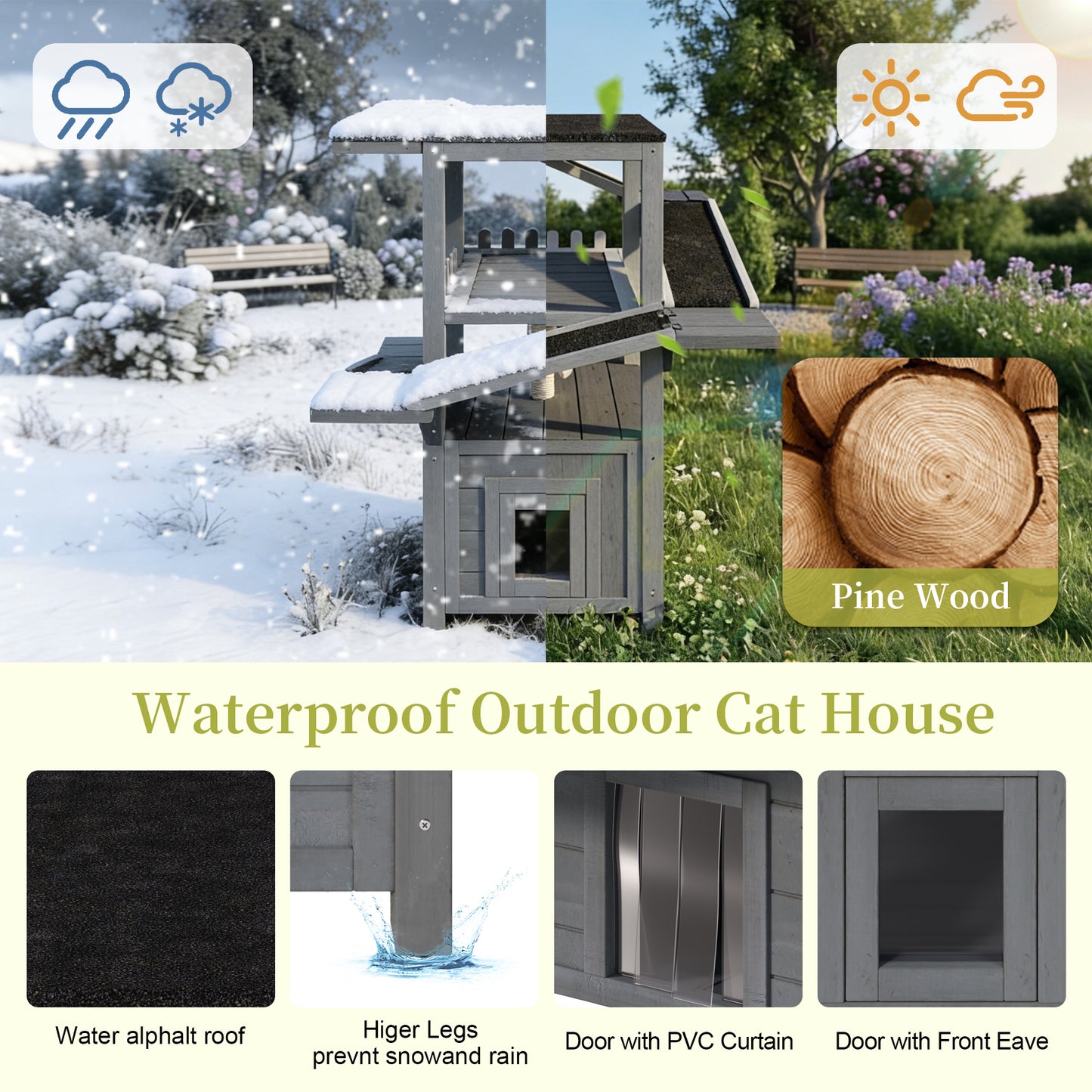 4 Tiers Outdoor Cat House Weatherproof Cat Tree Tower with Waterproof Roof and 2 Doors , Feral Cat Shelter Outside Enclosure, Multi-Level Play Zones with Balcony, for Small Animals