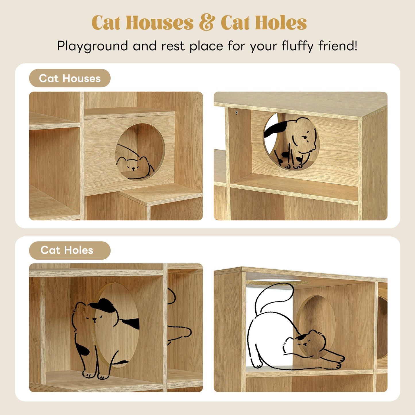 Modern 2 IN 1 Wood Bookshelf Cat House, Cat Tree Display Case with Storage, Cat Litter Box Enclosure Climbing Shelf