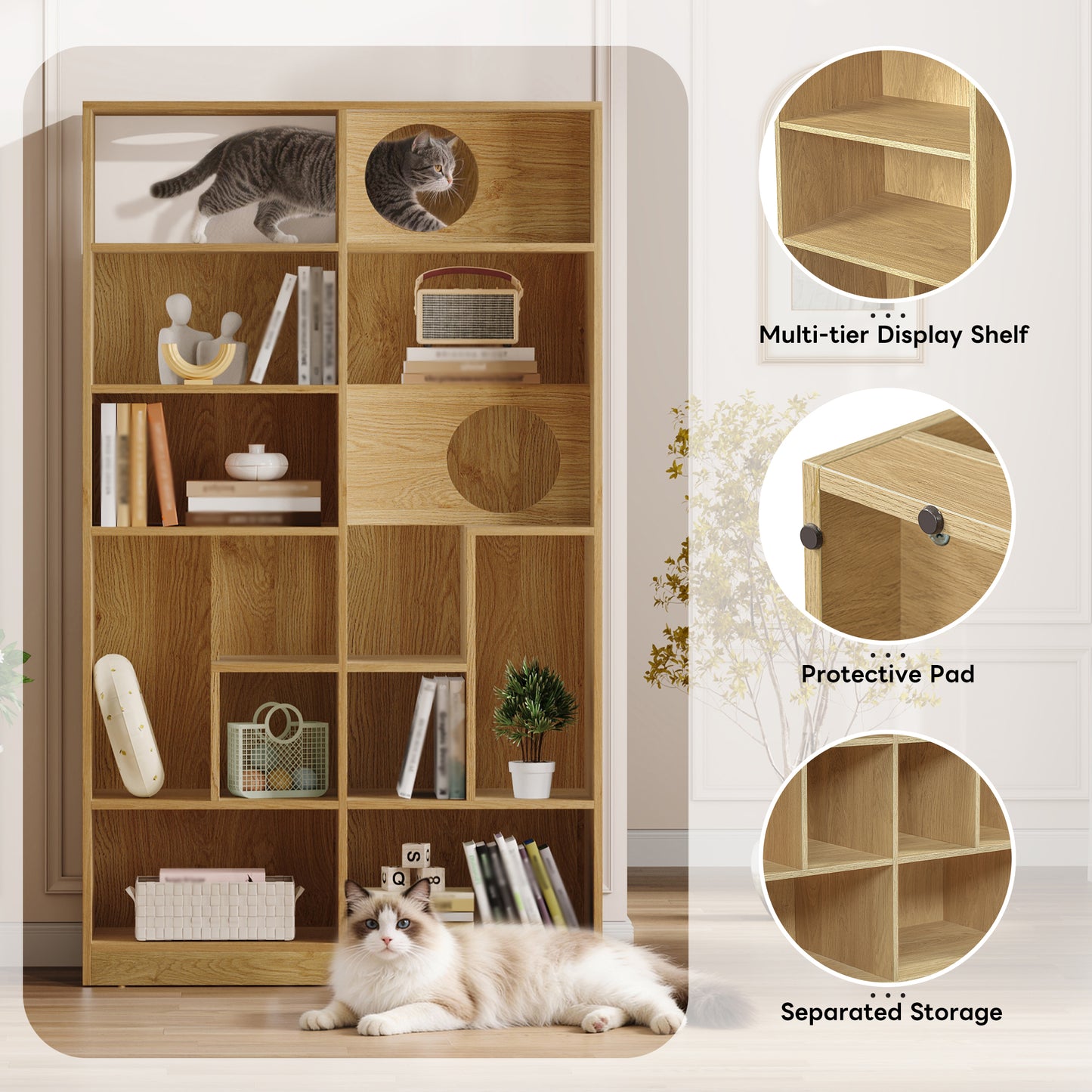 Modern 2 IN 1 Wood Bookshelf Cat House, Cat Tree Display Case with Storage, Cat Litter Box Enclosure Climbing Shelf