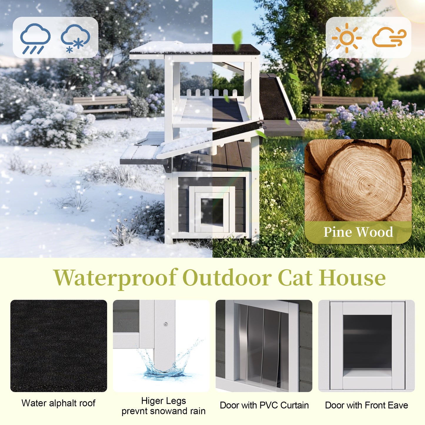 4 Tiers Outdoor Cat House Weatherproof Cat Tree Tower with Waterproof Roof and 2 Doors , Feral Cat Shelter Outside Enclosure, Multi-Level Play Zones with Balcony, for Small Animals