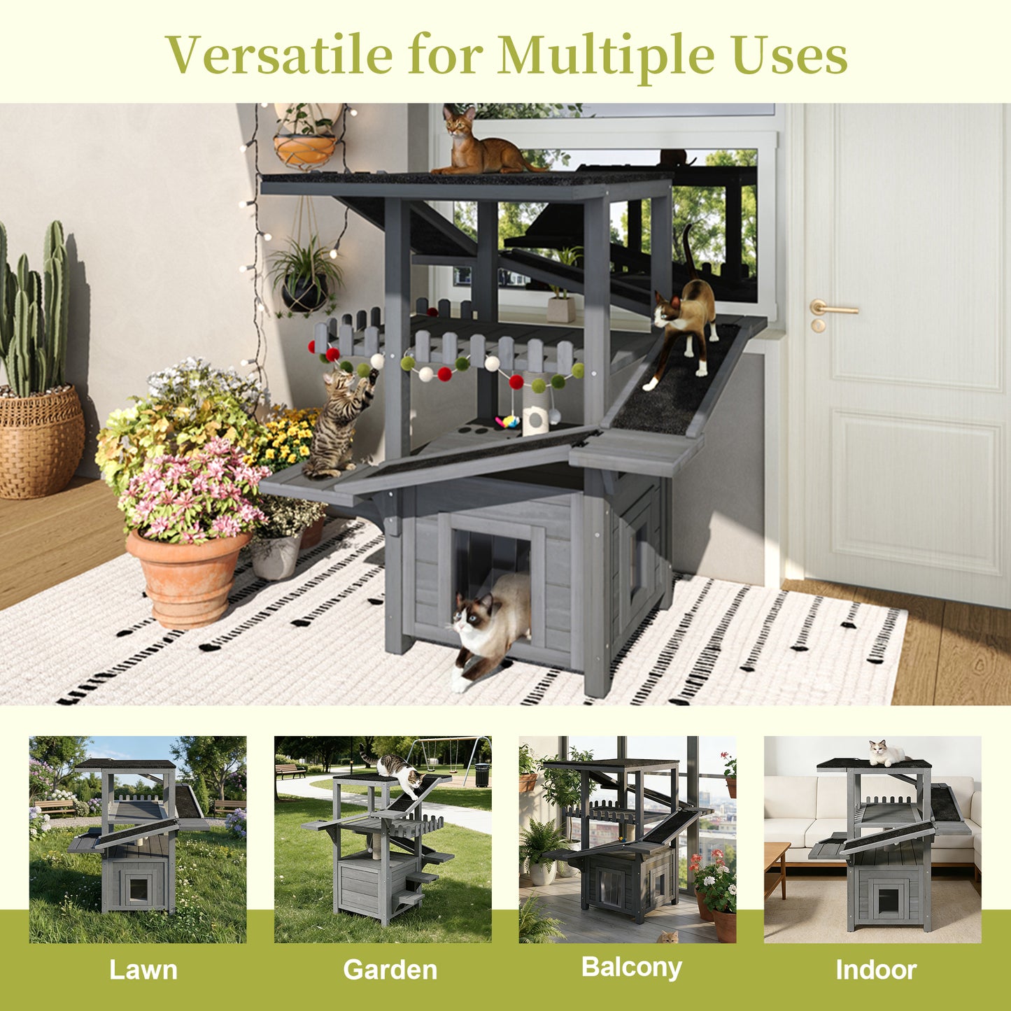 4 Tiers Outdoor Cat House Weatherproof Cat Tree Tower with Waterproof Roof and 2 Doors , Feral Cat Shelter Outside Enclosure, Multi-Level Play Zones with Balcony, for Small Animals