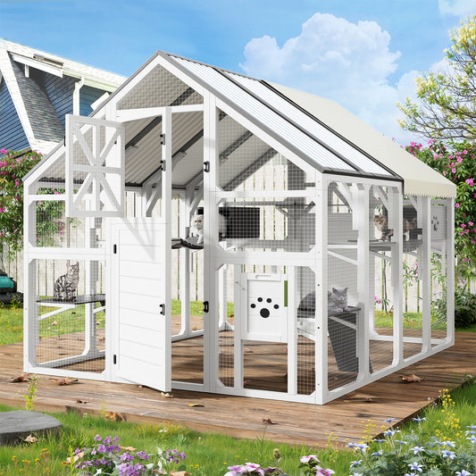Extra Large Catio Outdoor Cat Enclosure, Walk-in Outdoor Pet House for Multiple Cats, Catio Cat Run Cage with Bridges, PVC Roof, Weatherproof Cover, 8 Platforms, 2 Resting Box