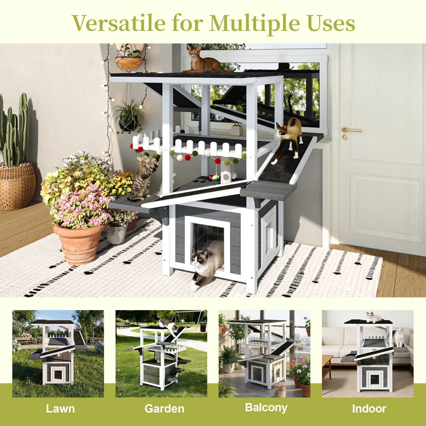 4 Tiers Outdoor Cat House Weatherproof Cat Tree Tower with Waterproof Roof and 2 Doors , Feral Cat Shelter Outside Enclosure, Multi-Level Play Zones with Balcony, for Small Animals