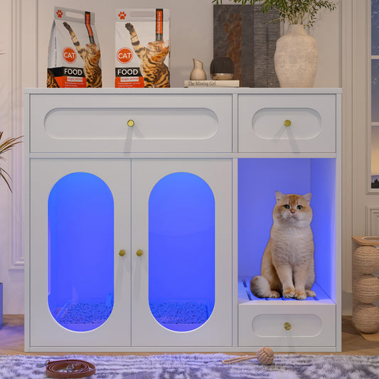 Cat Litter Box Enclosure with LED Light, Hidden Litter Box Furniture with Storage Drawers,Fit Most of Litter Box, Indoor Pet House with Acrylic Doors, End Table for Living Room