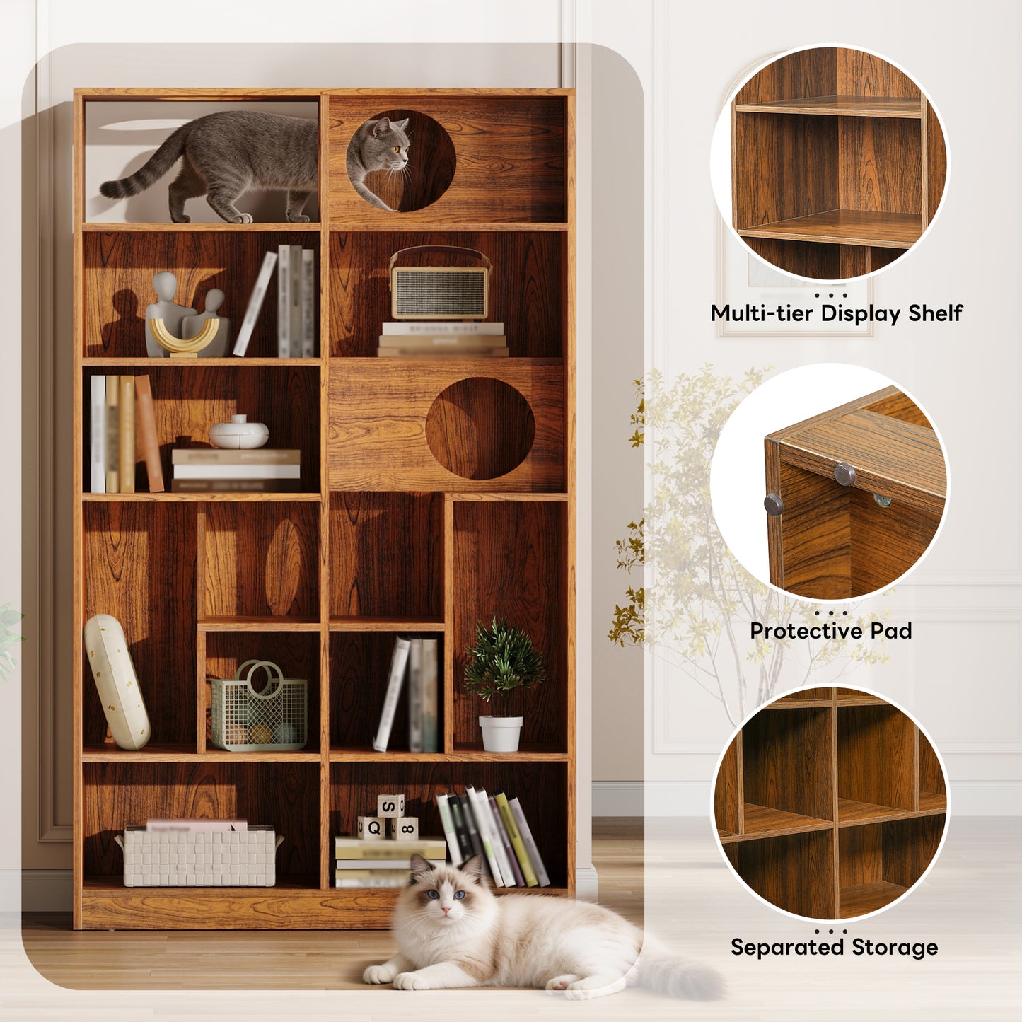 Modern 2 IN 1 Wood Bookshelf Cat House, Cat Tree Display Case with Storage, Cat Litter Box Enclosure Climbing Shelf