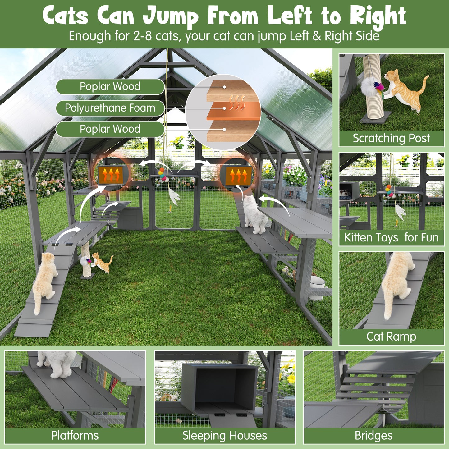 Large Outdoor Cat House with Planter Stand, Wooden Cat Enclosure with Resting Boxes for Multiple Kittens, Hanging Bridge, Platforms,Walk-In Catio Cage with Waterproof Proof Cover