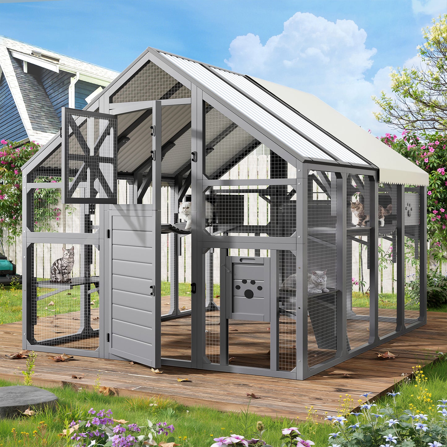 Extra Large Catio Outdoor Cat Enclosure, Walk-in Outdoor Pet House for Multiple Cats, Catio Cat Run Cage with Bridges, PVC Roof, Weatherproof Cover, 8 Platforms, 2 Resting Box