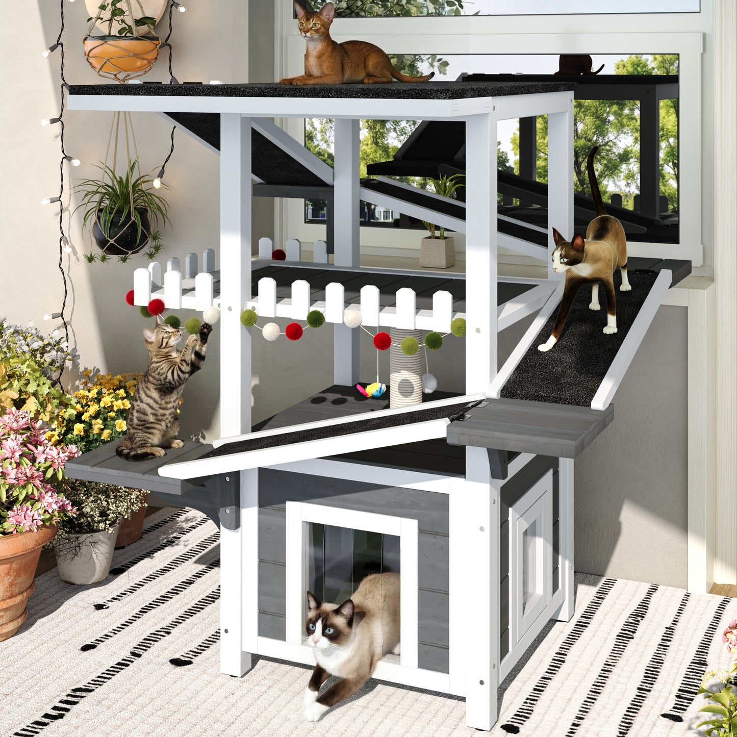 4 Tiers Outdoor Cat House Weatherproof Cat Tree Tower with Waterproof Roof and 2 Doors , Feral Cat Shelter Outside Enclosure, Multi-Level Play Zones with Balcony, for Small Animals