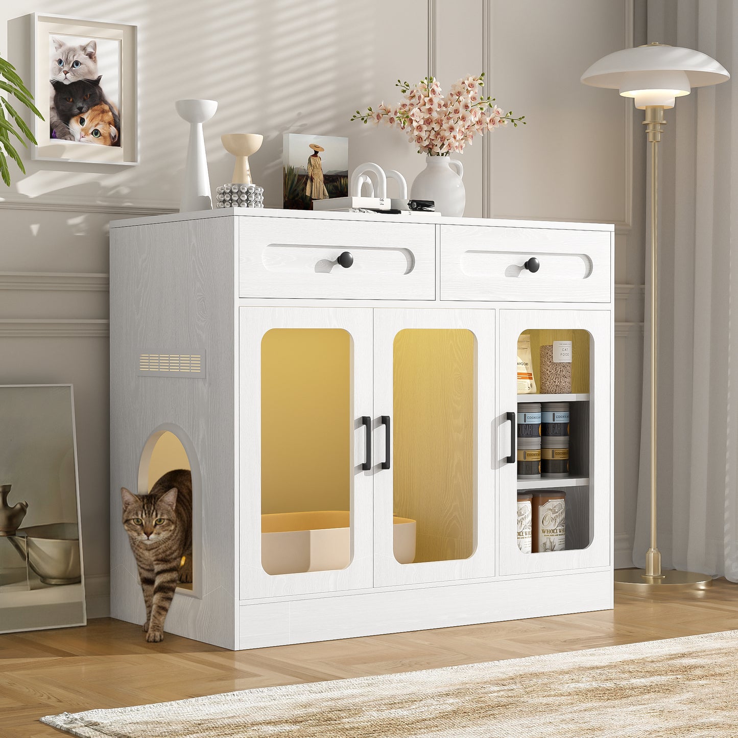 Cat Litter Box Enclosure, Large Hidden Kitty Cabinet with Glass Door, Side Access Door & Wood Grain Finish, Built-in Light and Storage Drawers, Indoor Cat House Side Table for Living Room