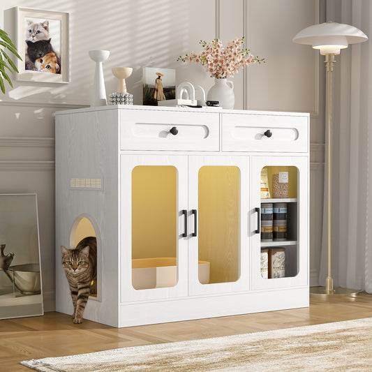 Cat Litter Box Enclosure, Large Hidden Kitty Cabinet with Glass Door, Side Access Door & Wood Grain Finish, Built-in Light and Storage Drawers, Indoor Cat House Side Table for Living Room
