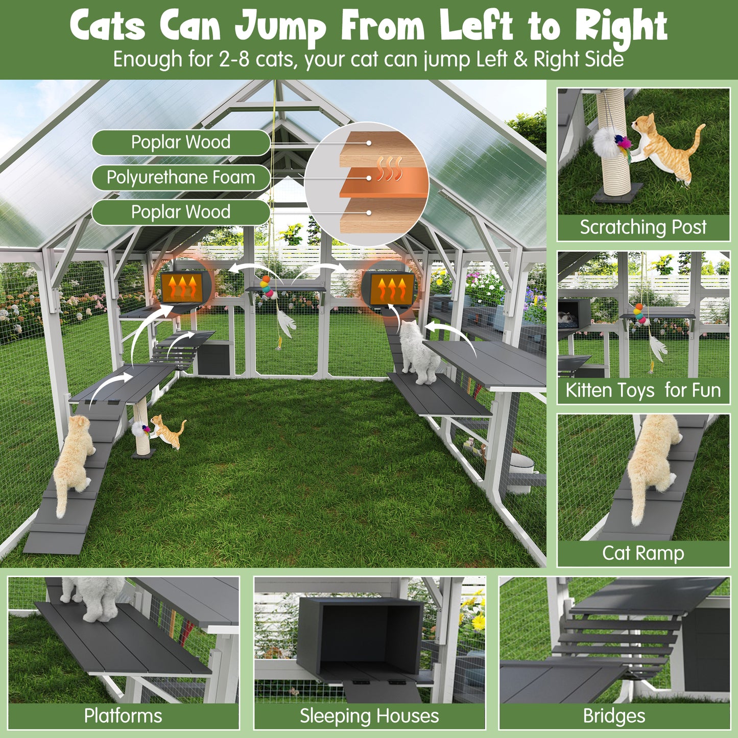 Large Outdoor Cat House with Planter Stand, Wooden Cat Enclosure with Resting Boxes for Multiple Kittens, Hanging Bridge, Platforms,Walk-In Catio Cage with Waterproof Proof Cover