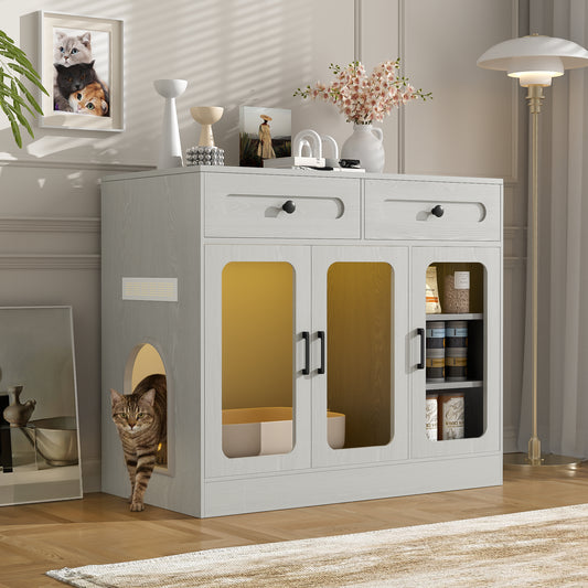 Cat Litter Box Enclosure, Large Hidden Kitty Cabinet with Glass Door, Side Access Door & Wood Grain Finish, Built-in Light and Storage Drawers, Indoor Cat House Side Table for Living Room