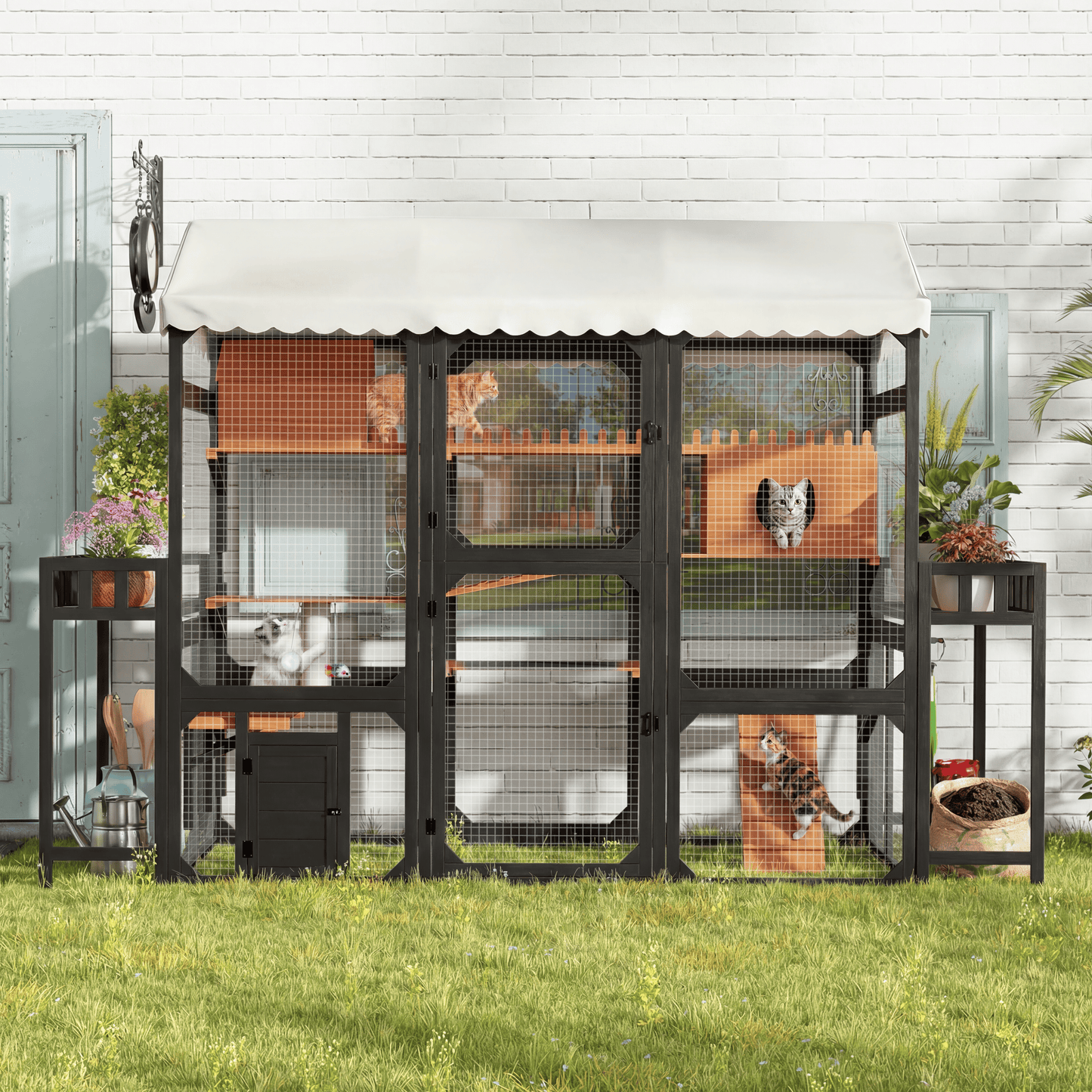 Large Outdoor Cat Enclosure Wooden Catio with 2 Plant Stands, Multi-Level Cat Playpen with Weather-Resistant Roof, Resting Box, Climbing Ramps & Wire Mesh for Backyard Patio