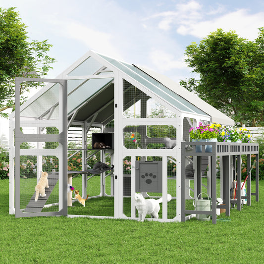 Large Outdoor Cat House with Planter Stand, Wooden Cat Enclosure with Resting Boxes for Multiple Kittens, Hanging Bridge, Platforms,Walk-In Catio Cage with Waterproof Proof Cover