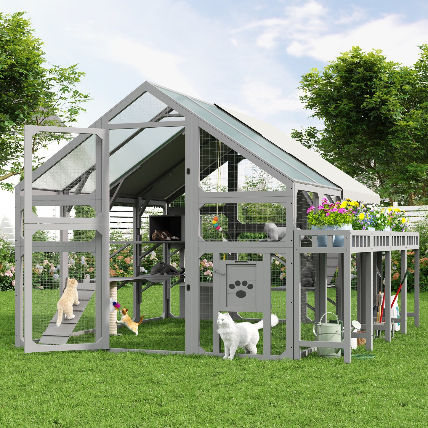 Large Outdoor Cat House with Planter Stand, Wooden Cat Enclosure with Resting Boxes for Multiple Kittens, Hanging Bridge, Platforms,Walk-In Catio Cage with Waterproof Proof Cover