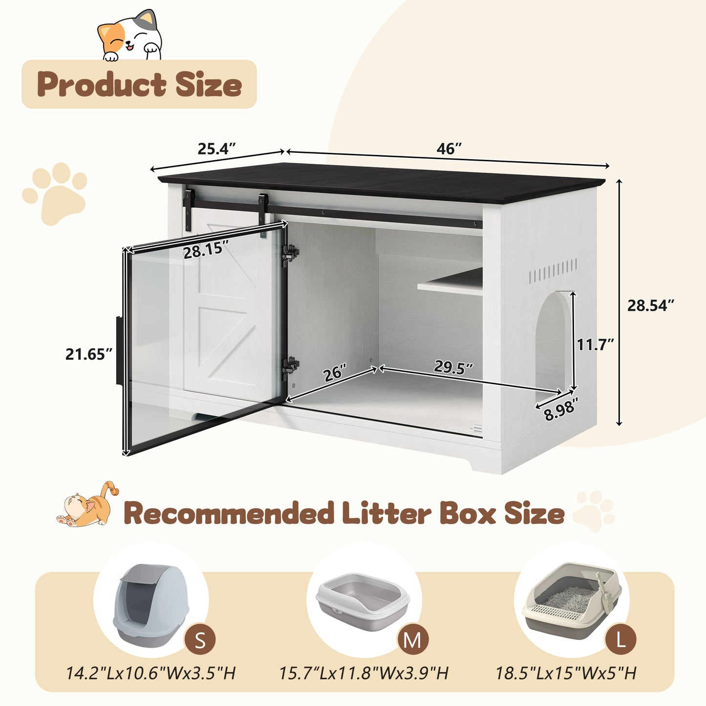 46" Farmhouse Cat Litter Box Enclosure with Sliding Barn Door, White Large Hidden Acrylic Door Cat Cabienet with LED Light, Cat Washroom Furniture with Storage Cabinet, Cat House Nightstand