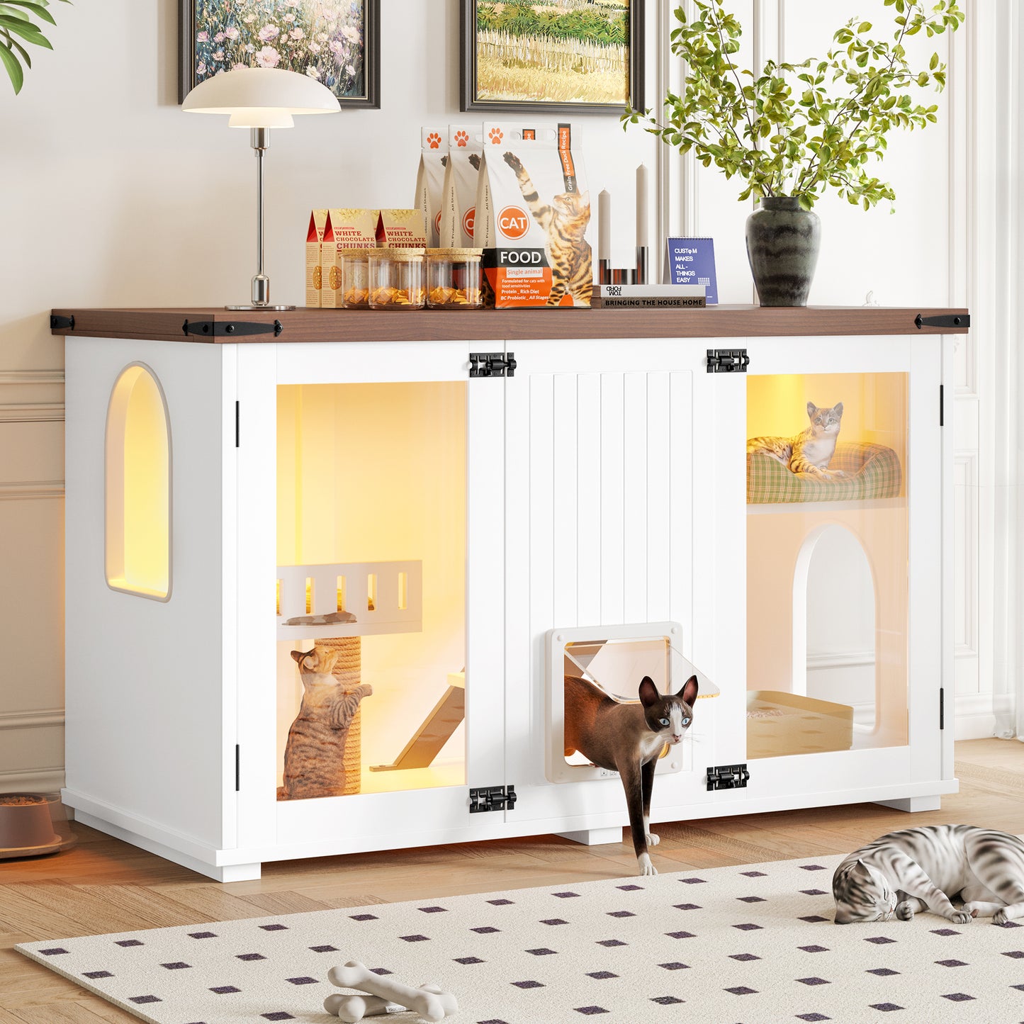 47.25" Large Cat Litter Box Enclosure with LED Light, Hidden Litter Box Furniture, Cat House with Stairs and Cat Scratching Post, Cat Cabinet Side Table with Smart Doors for Living Room