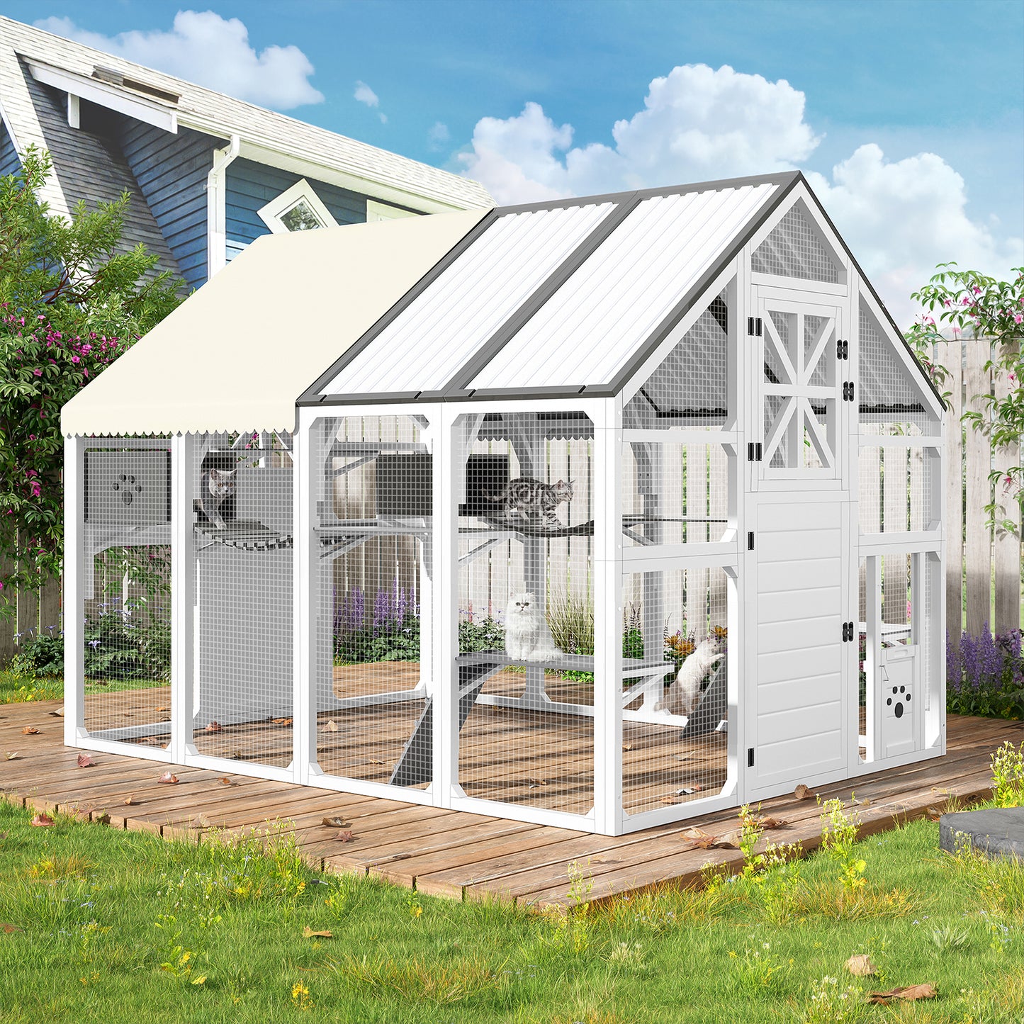 Extra Large Catio Outdoor Cat Enclosure, Walk-in Outdoor Pet House for Multiple Cats, Catio Cat Run Cage with Bridges, PVC Roof, Weatherproof Cover, 8 Platforms, 2 Resting Box