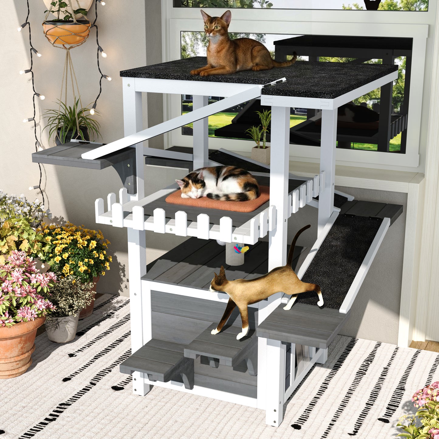 4 Tiers Outdoor Cat House Weatherproof Cat Tree Tower with Waterproof Roof and 2 Doors , Feral Cat Shelter Outside Enclosure, Multi-Level Play Zones with Balcony, for Small Animals