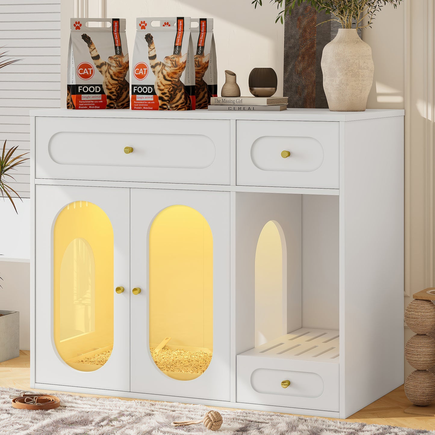 Cat Litter Box Enclosure with LED Light, Hidden Litter Box Furniture with Storage Drawers,Fit Most of Litter Box, Indoor Pet House with Acrylic Doors, End Table for Living Room
